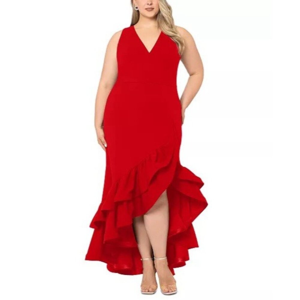 Betsy & Adam Red V-Neck Ruffle High-Low Evening Dress